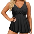 thumbnail image 4 of Women's Plus Size Tankini Top Tummy Control Ruffled Deep V-Neck Swimdress Summer Fall Casual Seaside Beach Color Block Swimsuit,Black,22, 4 of 8