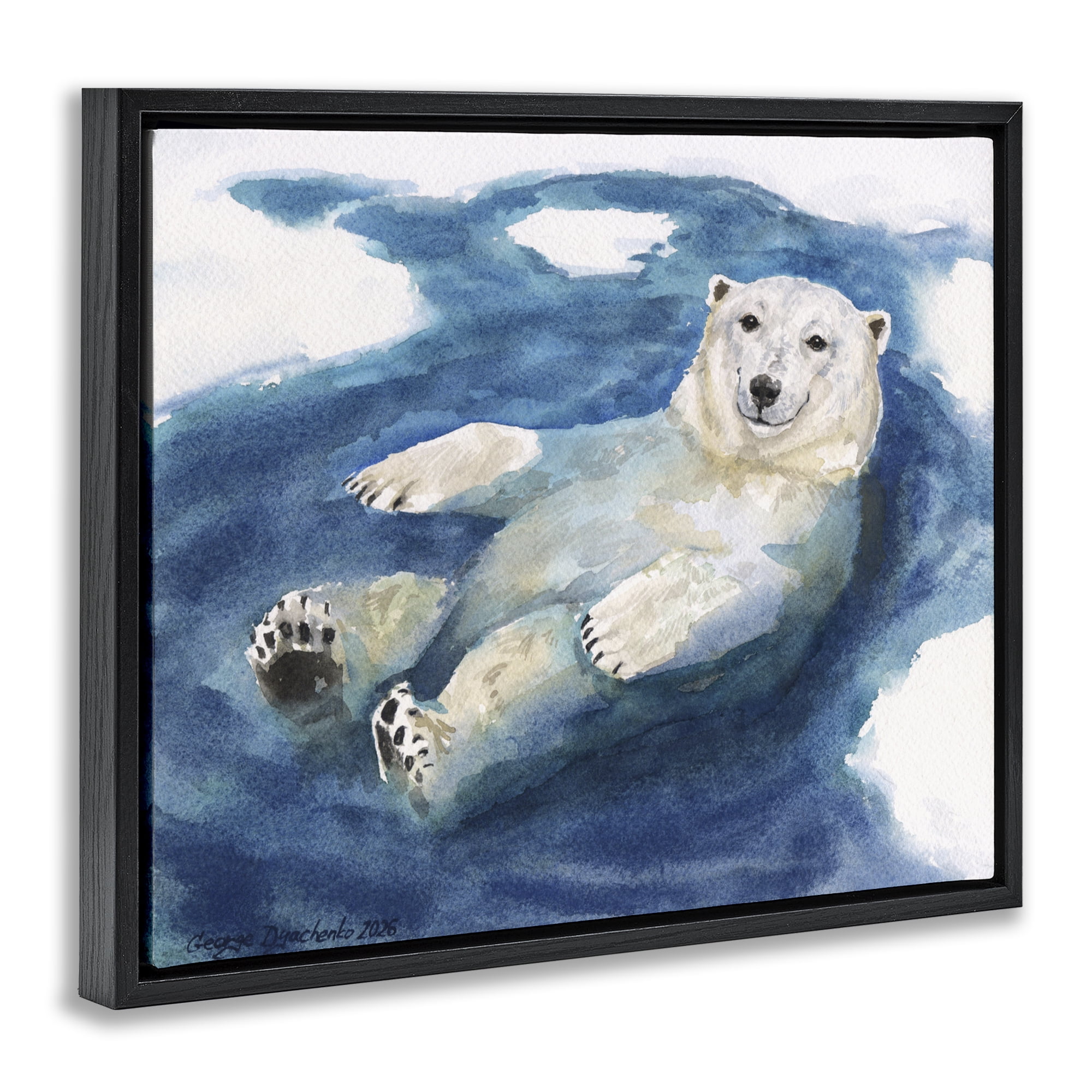 Stupell Industries Polar Bear Icy Bath Time Black Framed Floater Canvas Wall Art, design by George Dyachenko