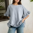 thumbnail image 2 of MIXUE Womens Summer Tops Summer Solid Color Linen Loose Fit Ruffled Round Neck Short Sleeve Button Up Pullover T Shirts Daily-Wear,Silver,M, 2 of 9