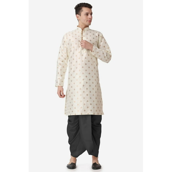 Royal Kurta Jacquard Silk Printed Gold Kurta Black Dhoti Set for Men