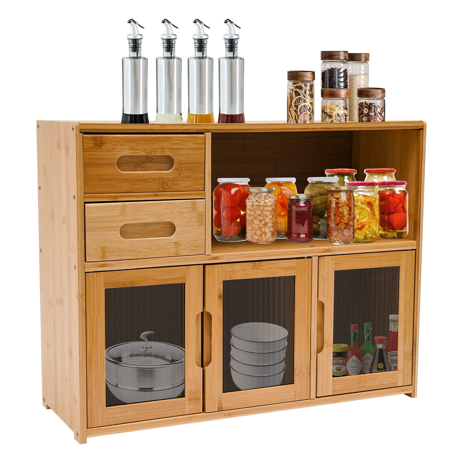 Bamboo Countertop Shelf Storage Cabinet Shelf Kitchen Pantry Sideboard with 2 Drawers