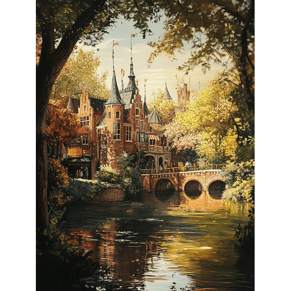 European Canal House Landscape Canvas Print Wall Art,Perfect for Living Room,Bedroom,Dining Room,Office,Hotel Decoration