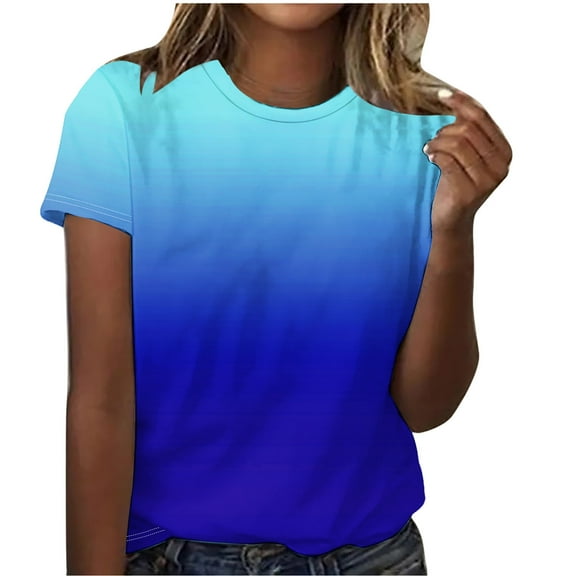 QQAMB Womens T-Shirts Gradient Summer Beach Vacation T-Shirts Shirts Casual Trendy Short Sleeve Blouses Tee Blue 2XL