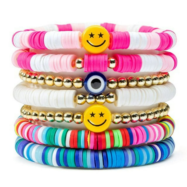 Juego de pulseras coloridas de oro blanco con sonrisa de mal de ojo con cuentas de arcilla polimérica con abalorio apilable para verano, playa, bohemio, pulseras de capas, joyería para mujeres, niñas TUNC Sencillez