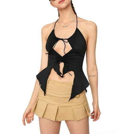

Seyurigaoka Women Summer Sexy Hollow Out Drawstring Ruched Backless Slim-Fit Spaghetti Strap Cropped Corset