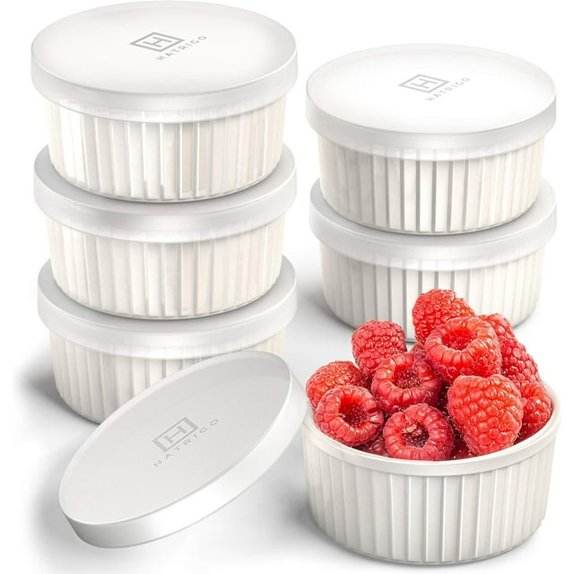 Hatrigo Porcelain Ramekins with Silicone Storage Lids, Set of 6 White Ramekins, 4 oz Oven Safe, 450F, Dishwasher Safe