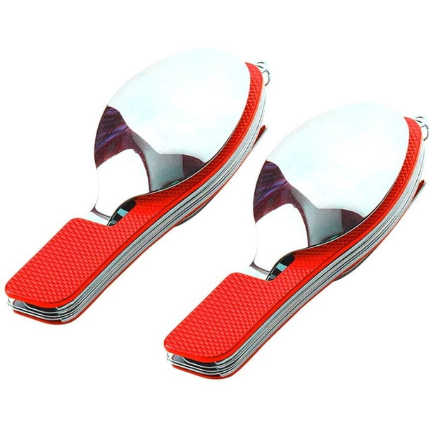 Cubiertos para acampar de acero inoxidable, 2 piezas Premium 3 en 1 Cubiertos plegables, Cubiertos plegables multifunción Cuchillo Tenedor Cuchara, para acampar, Picnic, Viajar (Rojo)