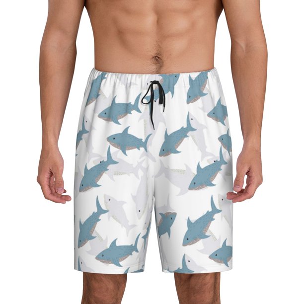 Balery Cute Shark Pantalones cortos de pijama de punto de algodón para hombre con cinturilla y bolsillos-XX-Large