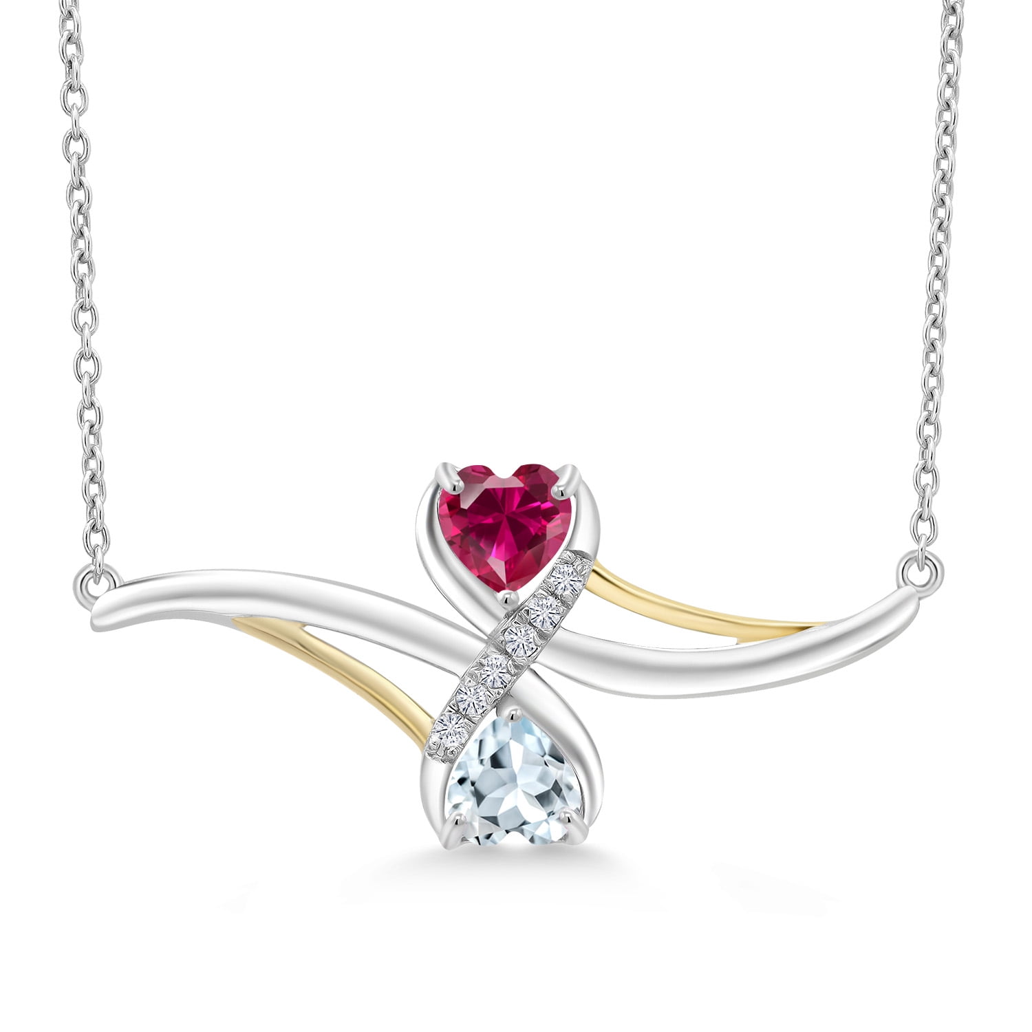 Gem Stone King 925 Sterling Silver and 10K Yellow Gold Red Created Ruby and Sky Blue Aquamarine with Lab Grown Diamond Pendant Necklace for Women (1.08 Cttw with 18 inch Silver Chain)