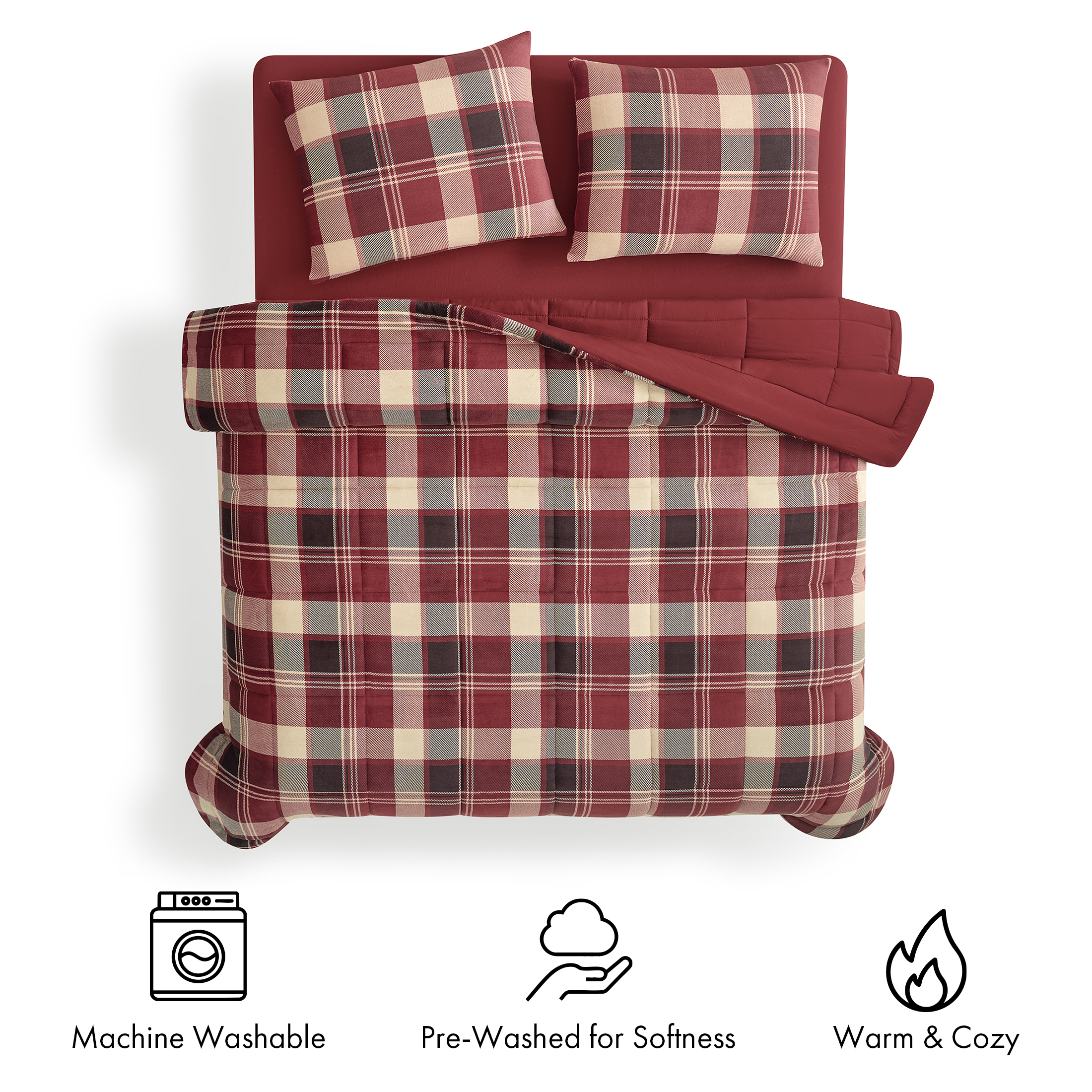 Pawz 3-Piece Fleece Comforter Set with Pillow Shams, Soft and Warm, Red Plaid, King