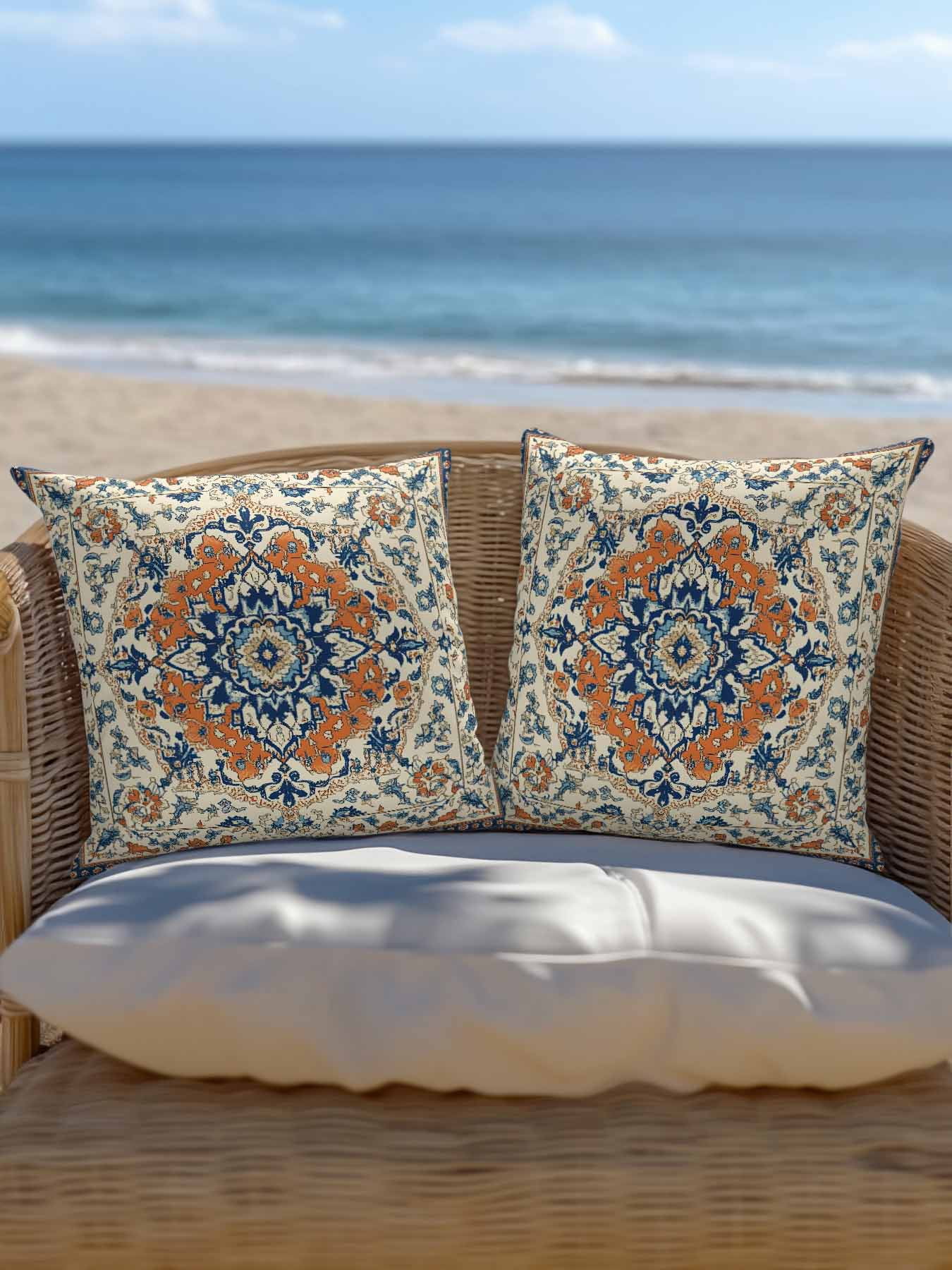Outdoor Pillows Waterproof, Orange Blue Ethnic Rustic Bedding Throw Pillows with Insert for Couch Sofa Bed, Boho Southwestern Heritage 16x16 Inch Pillowcases Decorative Camping Patio Pillow Set of 1