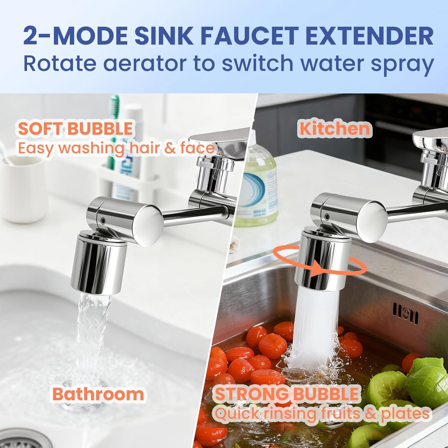 Faucet Extender, 1080° Swivel Faucet Extender with 2 Spray Modes Sink Faucet Aerator with 3 Adapters (M22/M20/M24) Rotating Faucet Attachment for Bathroom & Kitchen Splash-Free Easy Install