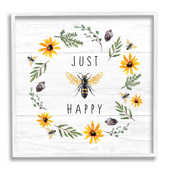Stupell Industries Just Bee Happy Pun Phrase Yellow Daisy Wreath, 24 x 24, Designed by Elizabeth Tyndall