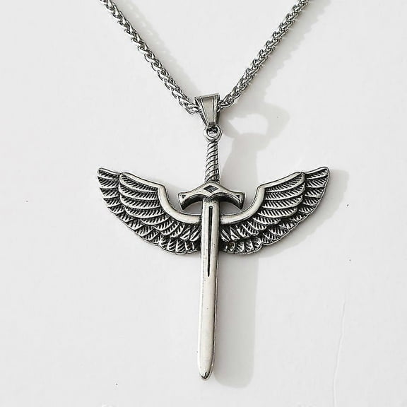 Vintage Angel Holy Sword Stainless Steel Cross Necklace For Men Fashion Jewelry Angel Wing Necklace Pendant Punk Men Chain
