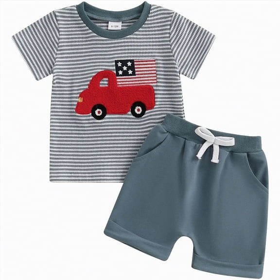 kpoplk Infant Baby Boy Casual Clothes Set 0-12 Months Dinosaur Print Short Sleeve Onesie and Pants 2Pcs Cute Outfits(Blue,12-18 M)