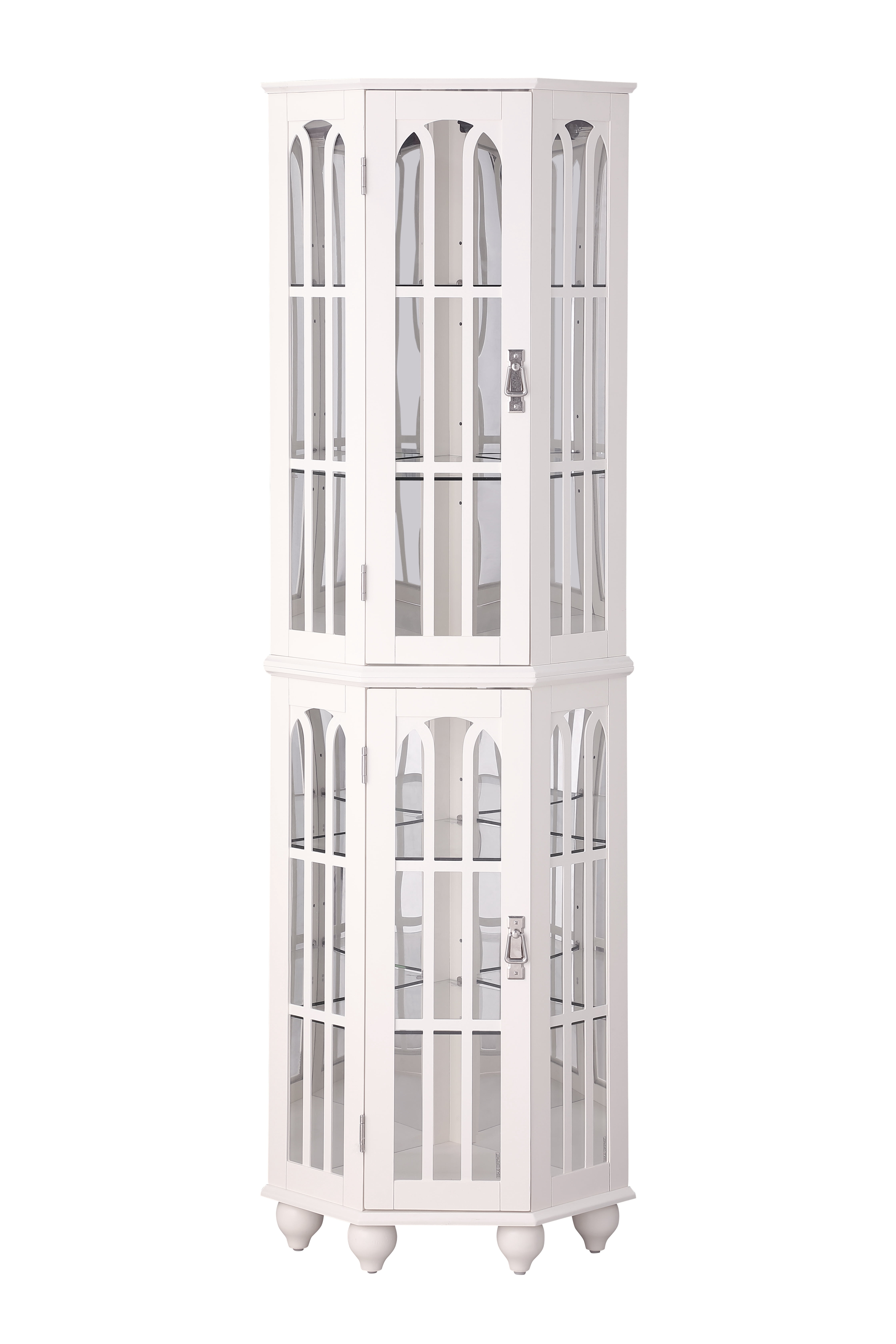 mayceyee Lighted 3-Side Corner Cabinet, 72" Tall Curio Display Cabinet with 4 Adjustable Tempered Glass Shelves, Curved Wood Corner Storage Decoration Rack for Living room & Bedroom Loraine (White)