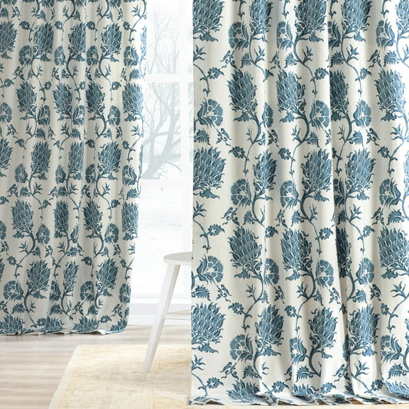 Duchess Blue Printed Cotton Twill Curtain (1 Panel), Duchess Blue, 50W X 108L