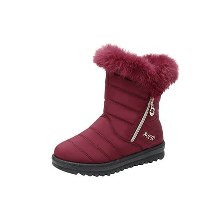 

Woobling Women Warm Booties Mid Calf Snow Boots Comfort Waterproof Boot Driving Winter Shoes Fluffy Ankle Bootie Plush Lined Lightweight Wine Red 6