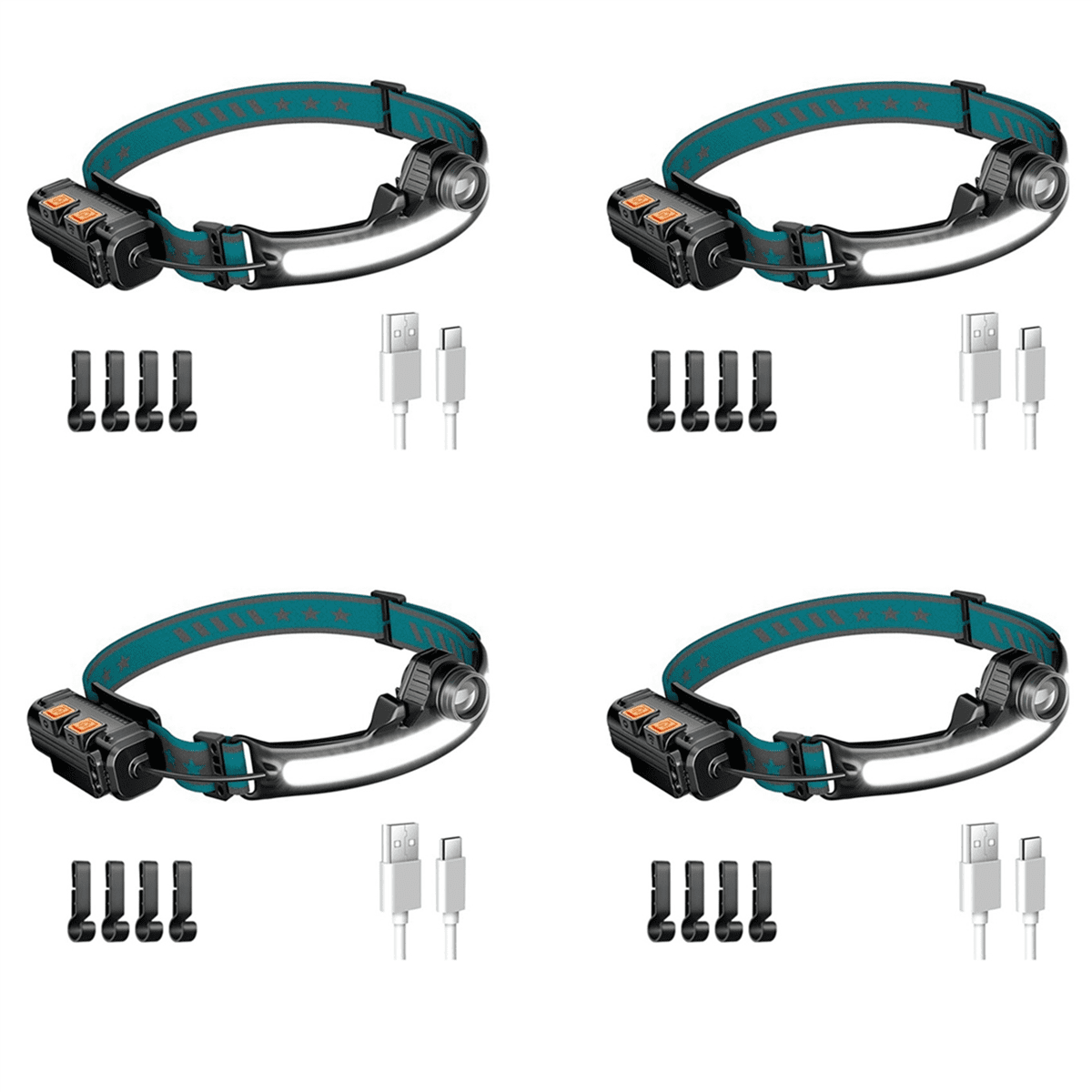 Head Light LED Rechargeable,1000Lumen Head Light Flashligh with Motion Sensor,with 16 Helmet Clip for Camping,Hiking,4 x Headlight 4 x Charging cable 16 x buckle