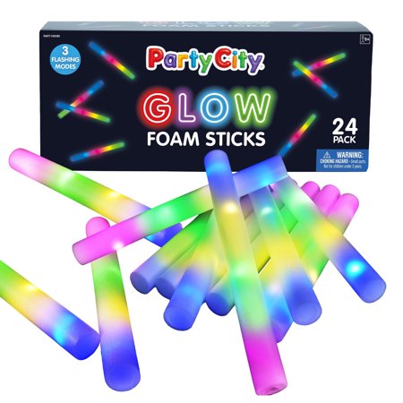 Party City Glow Sticks Foam Light Up, 14 inch LED Flashing Party Favors with Multi Color Lights for Kids Ages 3 & up, 24 pack
