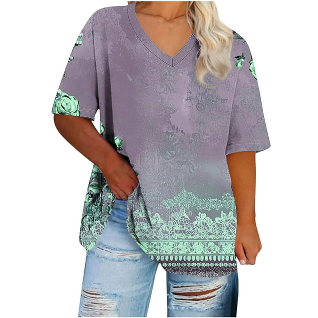 Tamaño Más Manga Corta Tops para la Impresión de Cuello en V de las Mujeres, Color Sólido Base de Verano Camiseta Casual
