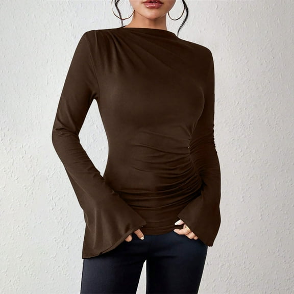 PiGOGI Women's Summer Long Sleeve Round Neck Comfortable Tank Top - Casual Stretchy Blouse for Everyday Wear Coffee XL