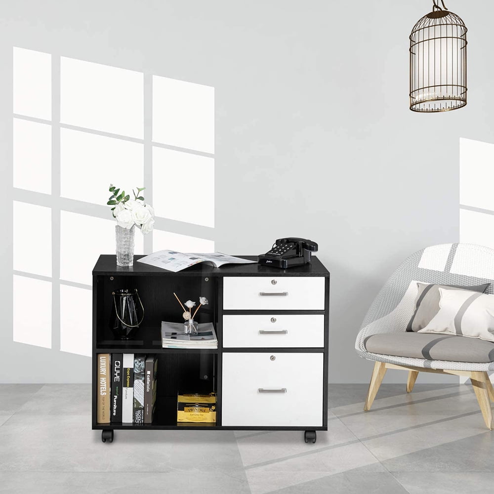 Kepooman 3-Drawers Wood File Cabinet, Mobile Lateral Filing Cabinet, Printer Stand with Open Storage Shelves for Home Office, Black + White