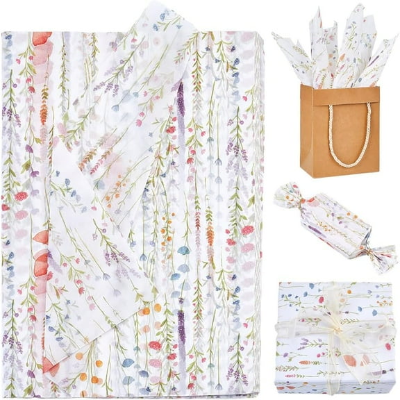 100Pcs Wild Floral Art Spring Watercolor Flower Gift Wrapping Paper Vintage Colorful Wildflower Tissue Paper Recyclable DIY Art Craft Paper