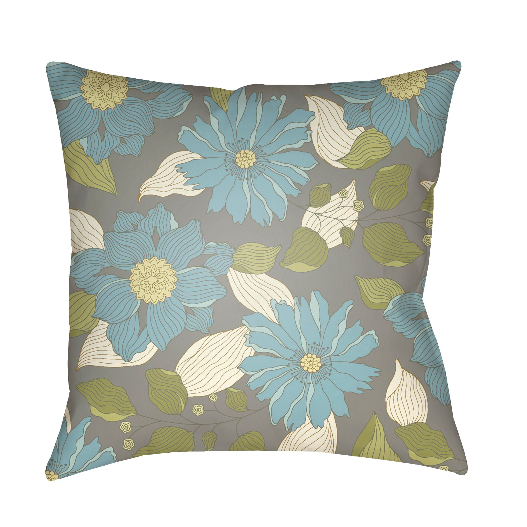 22" Olive Green and Blue Floral Square Throw Pillow Cover