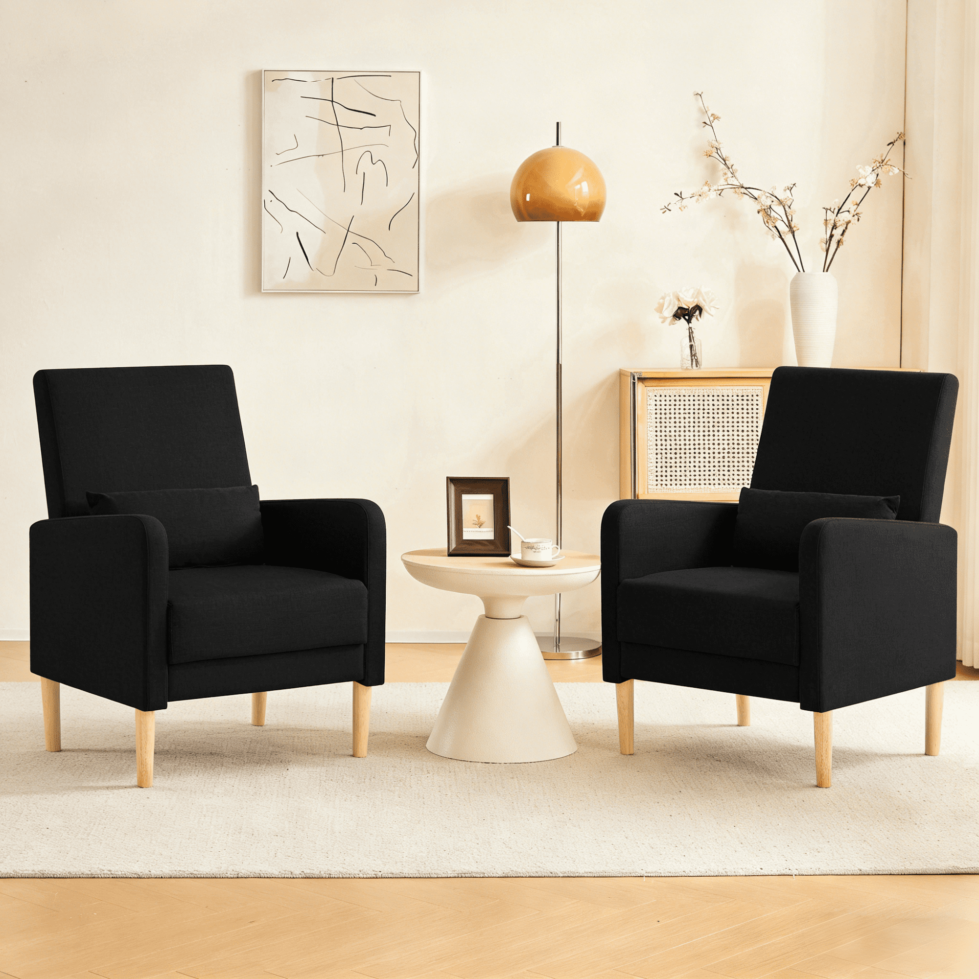 Gewnee 26.5"Wide Modern Armchair Set of 2,Compact Comfy Reading Chair with Solid Wood Frame & Pillow,Small Lounge Chairs for Living Room,Bedroom,Easy Assembly,Black