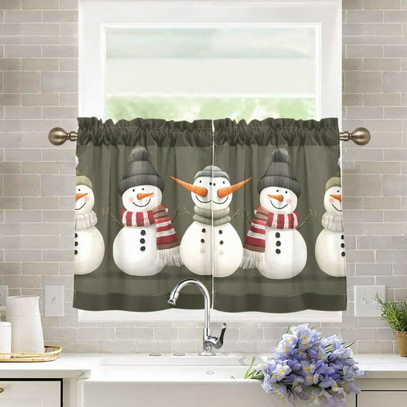 Yayeee Kitchen Curtains Tier Pair Light Filtering 27"x36" Rod Pocket Short Cafe Window Panel, Gray Cute Snowmen