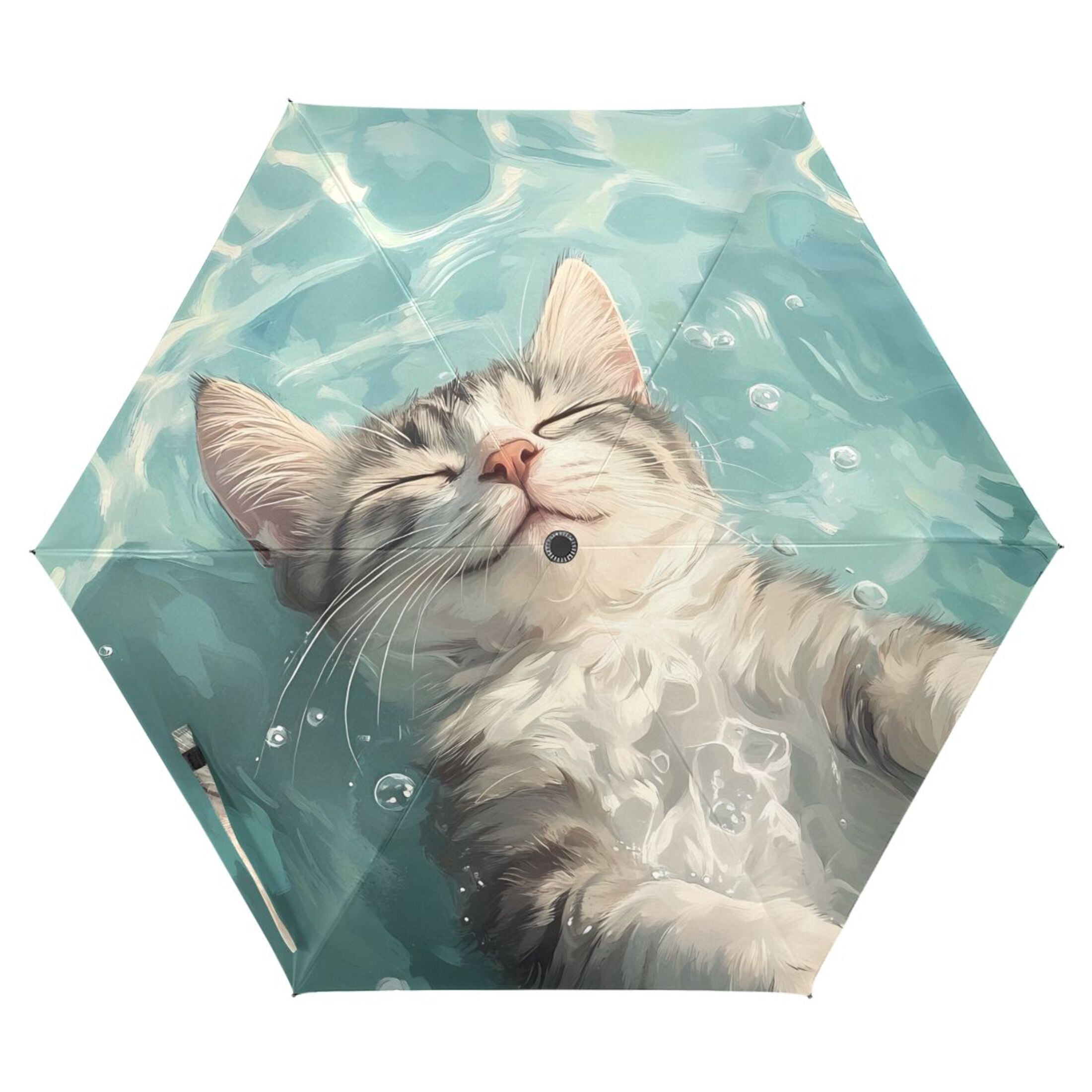 Cat Floating in Water Compact Sun Umbrella Windproof Travel Umbrellas for Rain Strong Portable UV Protection