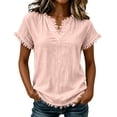 thumbnail image 2 of Stralyhd Womens Fringe Trim V Neck Blouses Cotton Linen Short Sleeve Loose Tunic Summer Vacation Daily Tops Pink M, 2 of 4