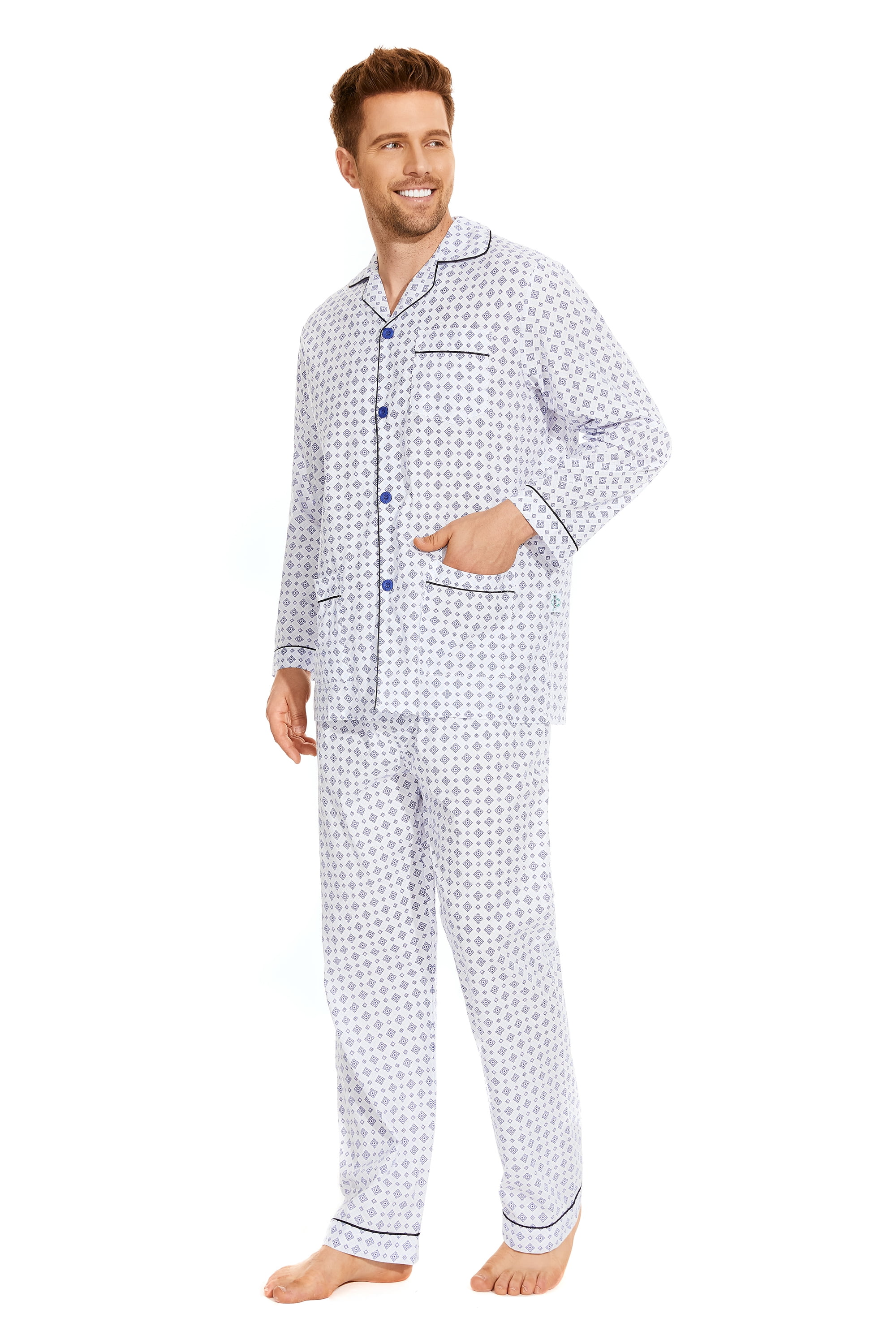 100% Cotton Woven Drawstring Sleepwear Set with Top and Pants/Bottoms GLOBAL Mens Pyjamas Set
