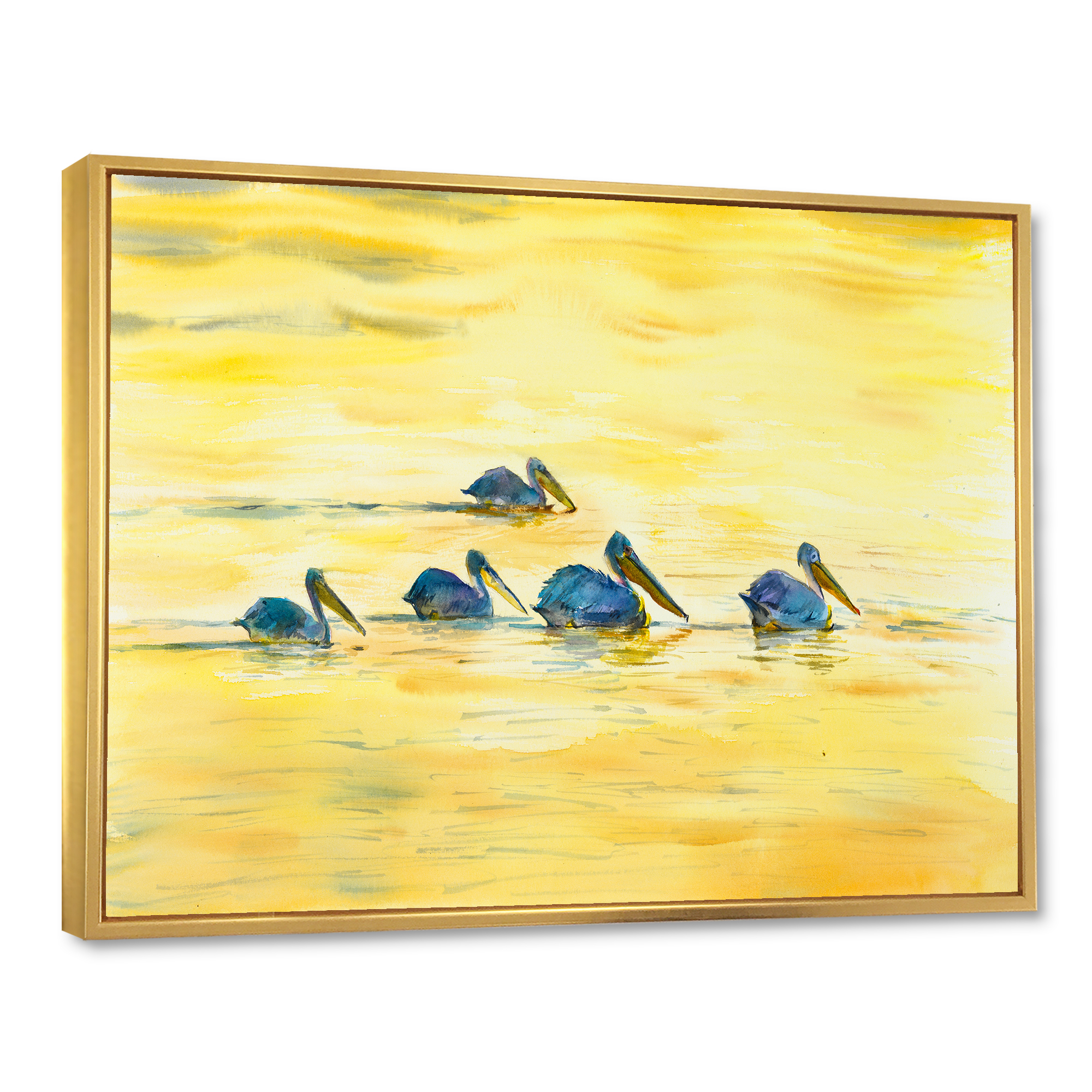 Designart 'Pelicans Birds On The Yellow River' Farmhouse Framed Canvas Wall Art Print