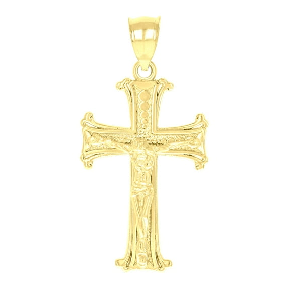 10k Yellow Gold Textured Unisex Cross Crucifix Religious Charm Pendant Pendant Necklace for Men Women