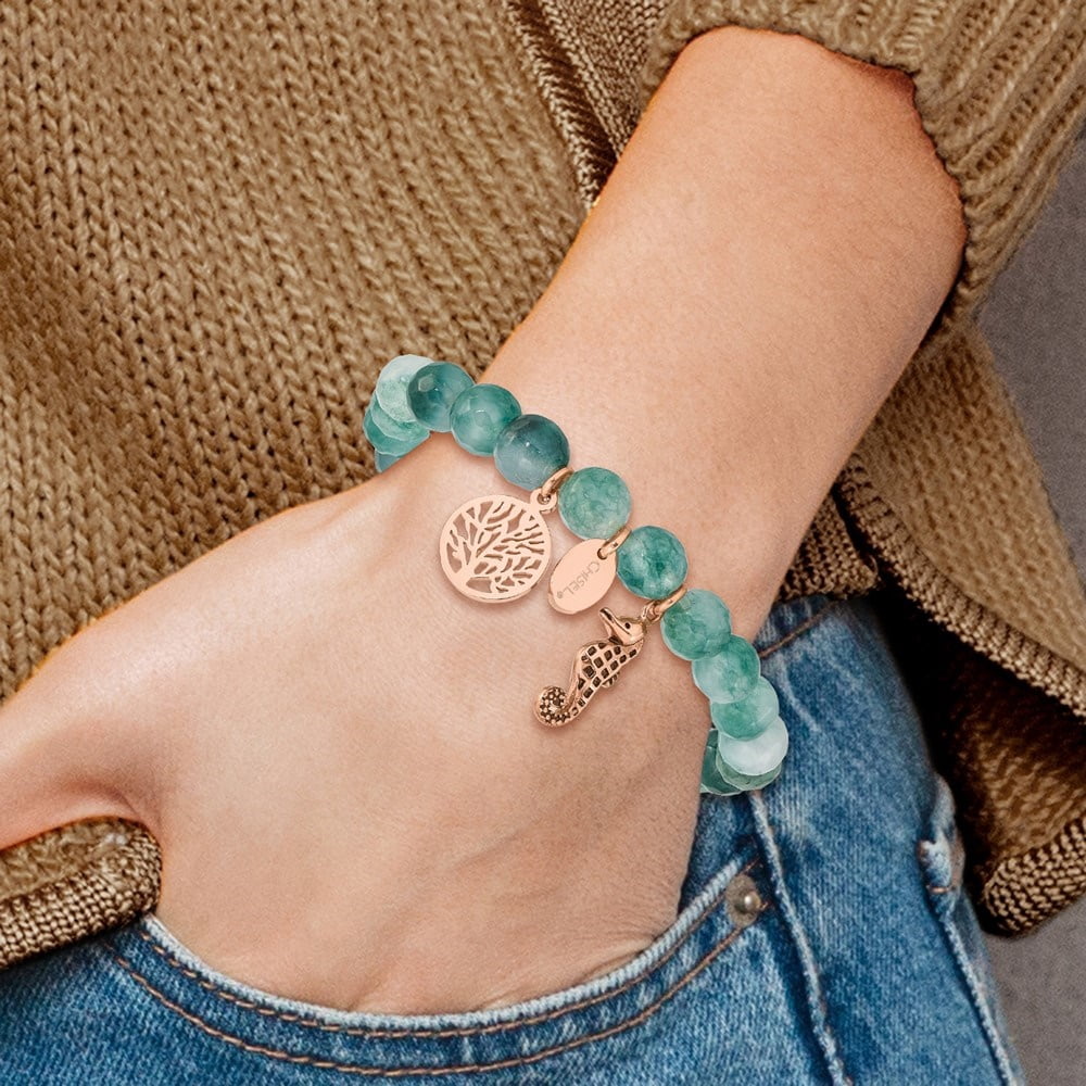 Diamond2Deal Stainless Steel Rose IP-Plated Seahorse and Tree of Life Green Dyed Jade Beaded Stretch Bracelet for Women 6.25"