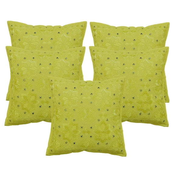Stylo Culture Indian Settee Sofa Throw Pillow Covers 16 x 16 Hand Embroidered Lemon Yellow Bohemian 40x40 cm Home Decor Cotton Mirrored Square Cushion Covers | Set Of 5