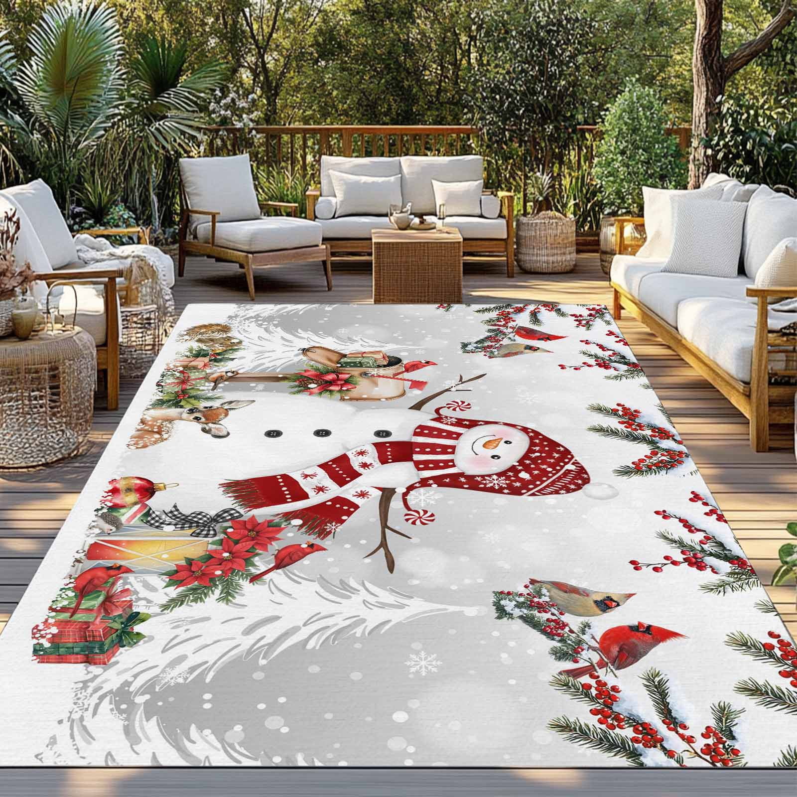 Fsddascl Grey Christmas Outdoor Rug for Patio/Deck/Porch, Non-Slip Large Area Rug 5 x 8 Ft, Xmas Snowman Tree Snowflake Birds Indoor Outdoor Rugs Washable Area Rugs, Camping Rug Carpet Runner