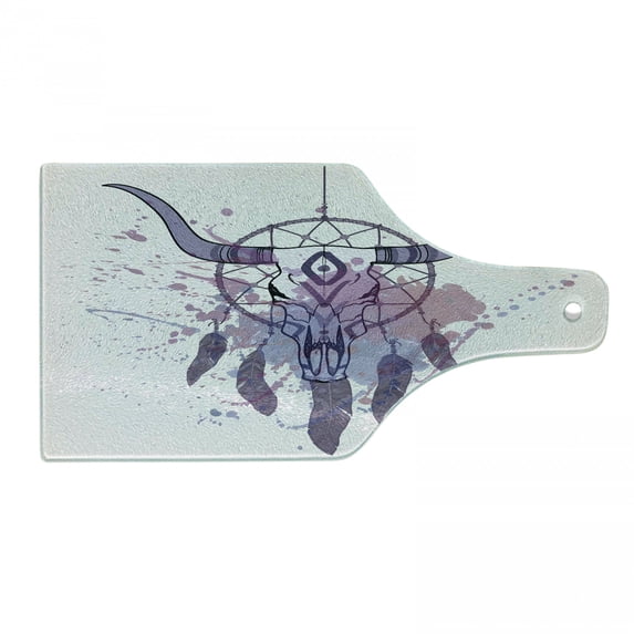 Feather Cutting Board, Bull Skull Illustration with Dreamcatcher and Watercolor Splashes Abstract, Tempered Glass Cutting and Serving Board, Wine Bottle Shape, Lavender Black Grey, by Ambesonne