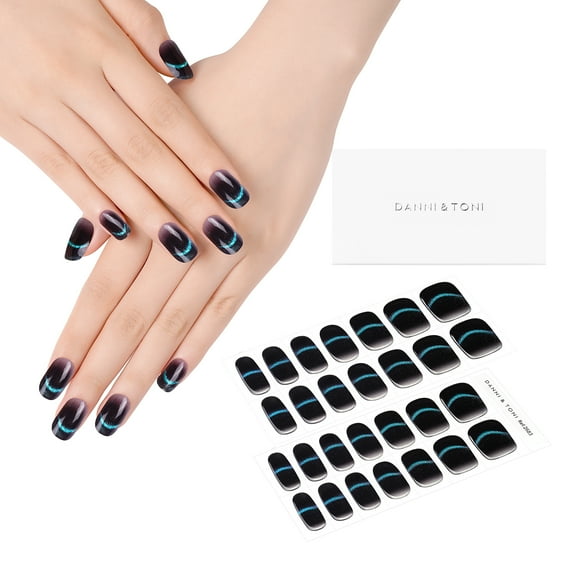 DANNI & TONI Gel Nail Strip Black Semi Cured Nail Stickers Cat Eye (Onyx Glimmer) Gel Wraps UV Nails 28 Stickers