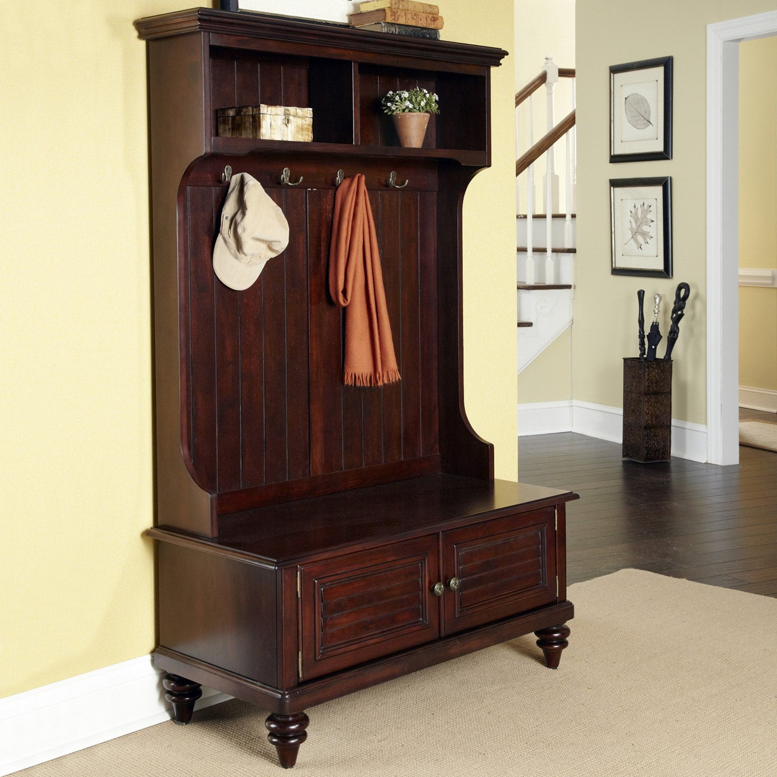 Homestyles Bermuda Traditional 8 Hook, Entryway Hall Tree With Mirror Coat Hooks And Storage Bench