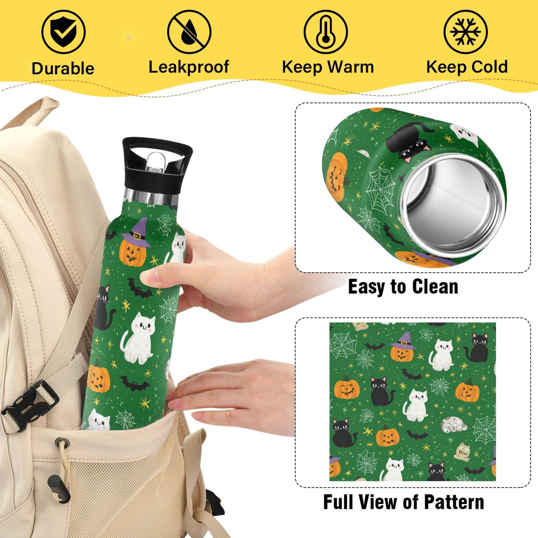 Kids Insulated Stainless Steel Sports Water Bottle 600ml (20oz) Green Background with Cats