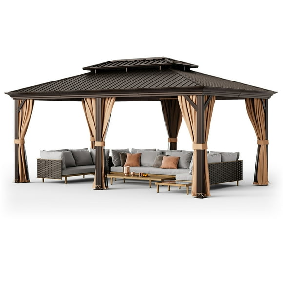 Gymax 12' x 20' Double-Roof Hardtop Gazebo w/ Galvanized Steel Roof Netting Curtains