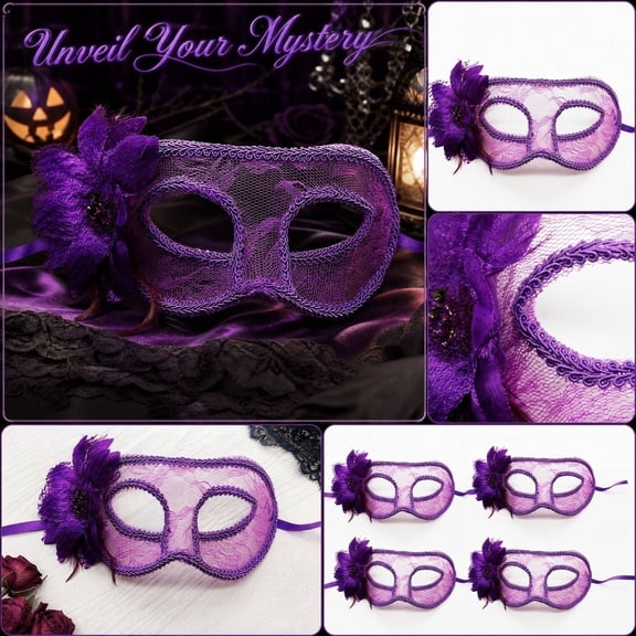 Masquerade Mask for Women Purple Lace 7 Inch Sheer Floral Halloween Mask Fashion Accessory for Party Themed Events, 1 Pack