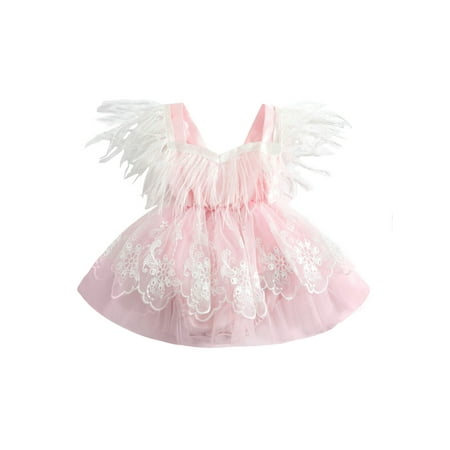 

Thaisu Baby Girls Romper Sleeveless Feather Tassel Decorated Lace Embroidered One Piece Romper Dress