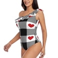 thumbnail image 2 of Easygdp Heart Black Buffalo Plaid Gingham Women's One Shoulder Ruffle Monokini Bathing Suits with Removable Chest Pad, Quick Drying - Large, 2 of 8