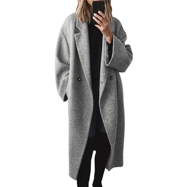 Abrigo de Lana de Invierno para Mujer, Cruzado, de Larga, con Solapa de Muesca, Tipo Gabardina Larga Gris XL