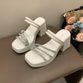 thumbnail image 4 of White Slippers For Womens Rhinestone Square Toe Open Toe Design Thick Sole Block Heel For Casual Wear And Everyday Use In Spring Summer Seasons Size 37, 4 of 9