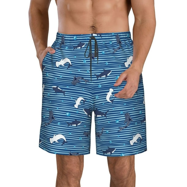 Balery Sharks on White Blue Striped Traje de Baño Estilo Hawaiano para Hombre, Shorts de Secado Rápido con Bolsillos-Large